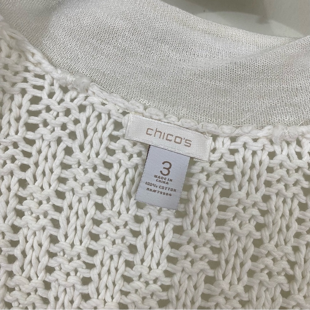 Chico’s sz:3 Off-White Knit Cardigan Ruffle Sleeve Distressed Style - Picture 10 of 14